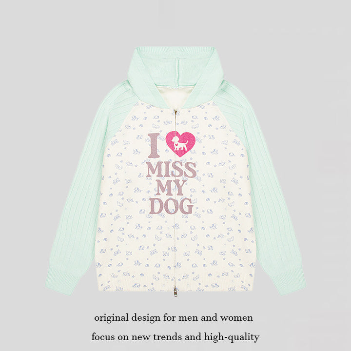 Damen Kapuzen‑Strickjacke mit durchgehendem Reißverschluss, gerippten Ärmeln und Hunde‑Statement‑Print Drune