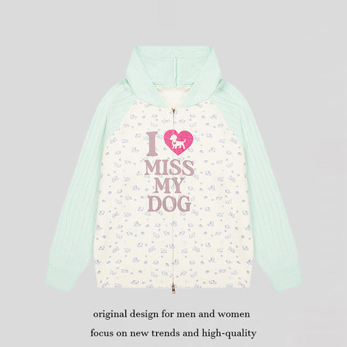 Damen Kapuzen‑Strickjacke mit durchgehendem Reißverschluss, gerippten Ärmeln und Hunde‑Statement‑Print Drune