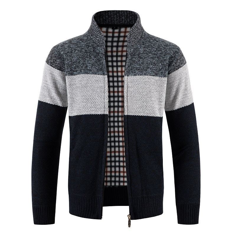 Herren Gestrickte Zip-Strickjacke mit Stehkragen und kariert gefütterter Innenlage Drune