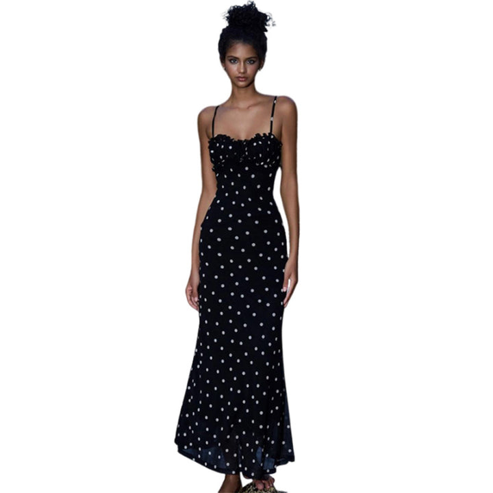 Damen Figurformendes Maxikleid mit elastischen Trägern und raffiniertem Punkte-Design Drune