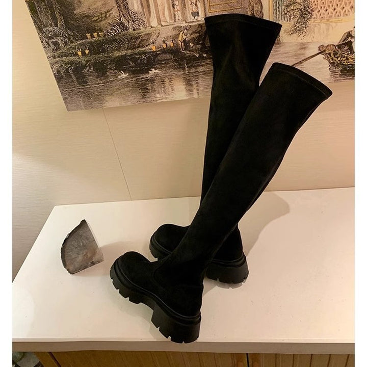Damen Wadenhohe Veloursleder-Stiefel mit markanter Lug‑Profilsohle und elastischem Schlupfschaft Drune