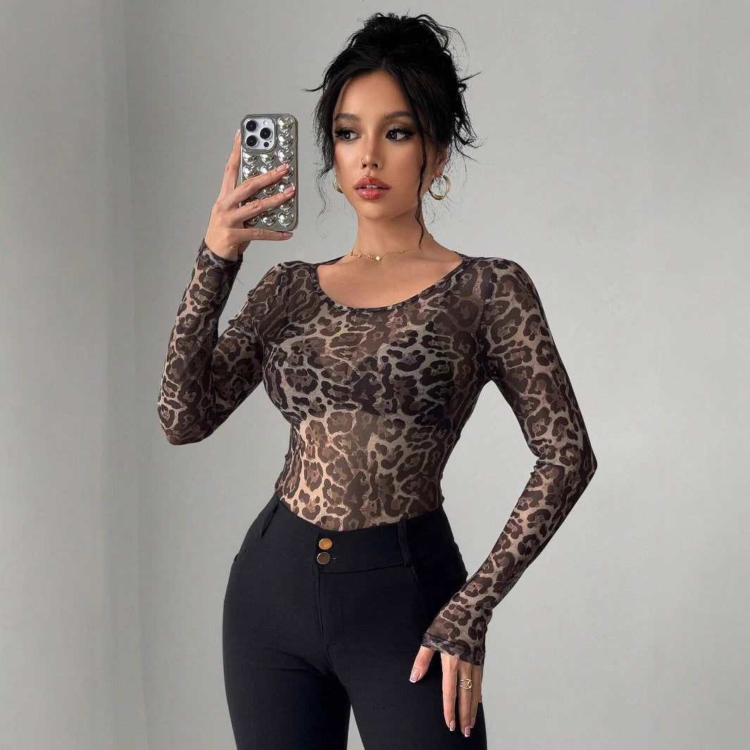 Damen nan eng anliegendes semitransparentes Meshshirt mit Leopardenmuster und Rundhalsausschnitt Drune