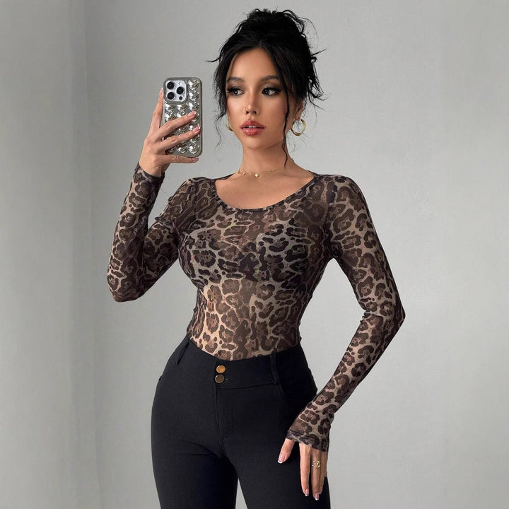 Damen nan eng anliegendes semitransparentes Meshshirt mit Leopardenmuster und Rundhalsausschnitt Drune