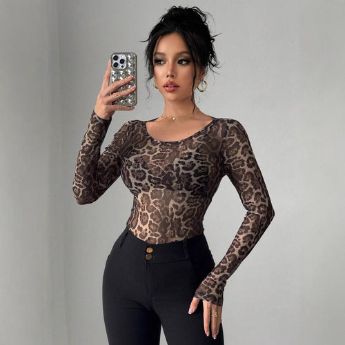 Damen nan eng anliegendes semitransparentes Meshshirt mit Leopardenmuster und Rundhalsausschnitt Drune
