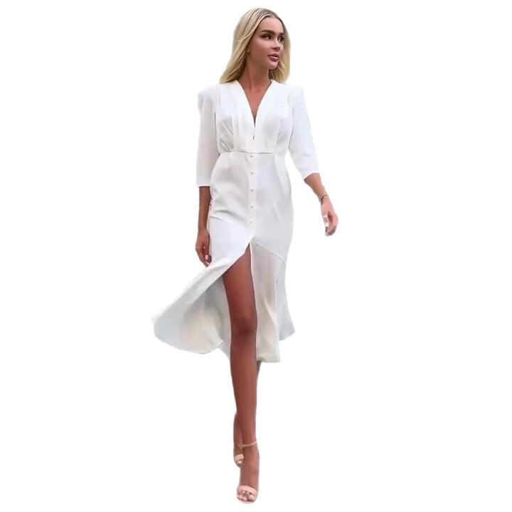 Damen Hemdblusenkleid mit elegantem V-Ausschnitt und Knopfleiste Drune