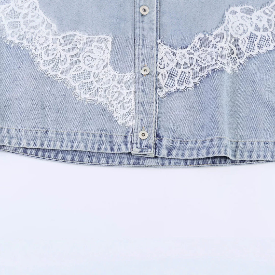 Damen Kurz geschnittene Jeansjacke mit Spitzenapplikation und Oversize-Kimonärmeln Drune