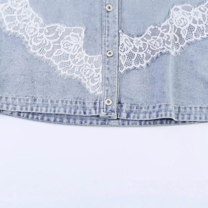Damen Kurz geschnittene Jeansjacke mit Spitzenapplikation und Oversize-Kimonärmeln Drune