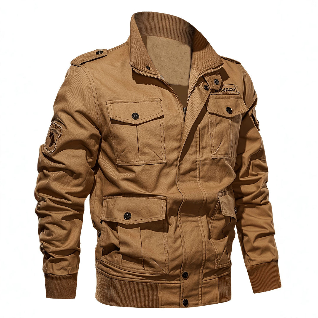 Herren Fieldjacke im Military-Stil mit Mehrfach-Taschen und Strickkragen Drune