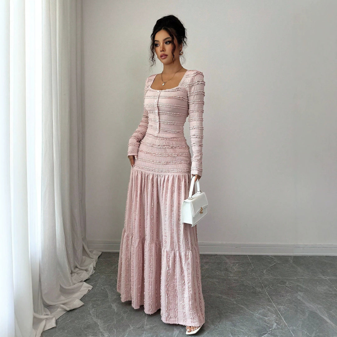 Damen Figurbetontes strukturiertes Maxikleid mit quadratischem Ausschnitt und Knopfleiste Drune