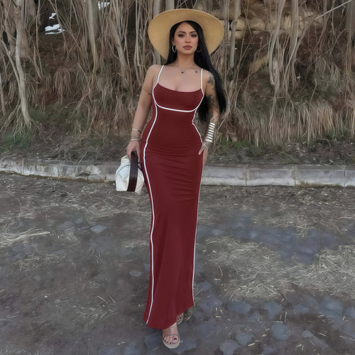 Damen elegantes Maxikleid mit schmalen Trägern und figurformendem Schnitt Drune