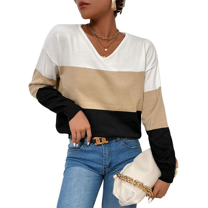 Damen Eleganter V‑Ausschnitt Feinstrickpullover mit breiten Blockstreifen Drune