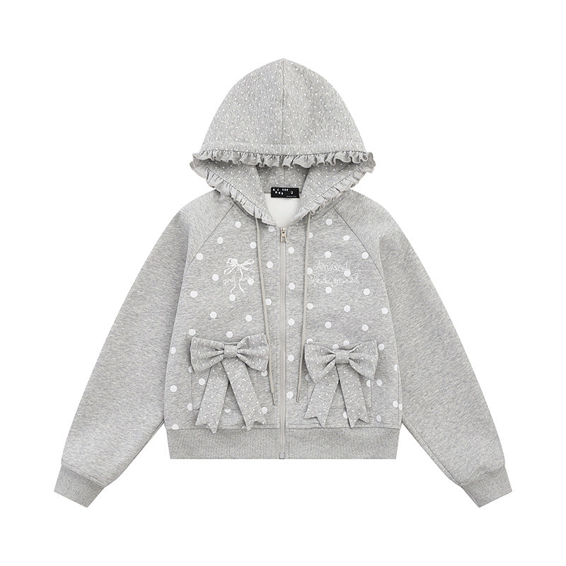 Damen Kapuzen‑Sweatjacke mit Rüschenkapuze, Polka‑Dot‑Muster und Zierschleifen Drune