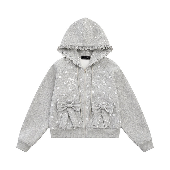 Damen Kapuzen‑Sweatjacke mit Rüschenkapuze, Polka‑Dot‑Muster und Zierschleifen Drune