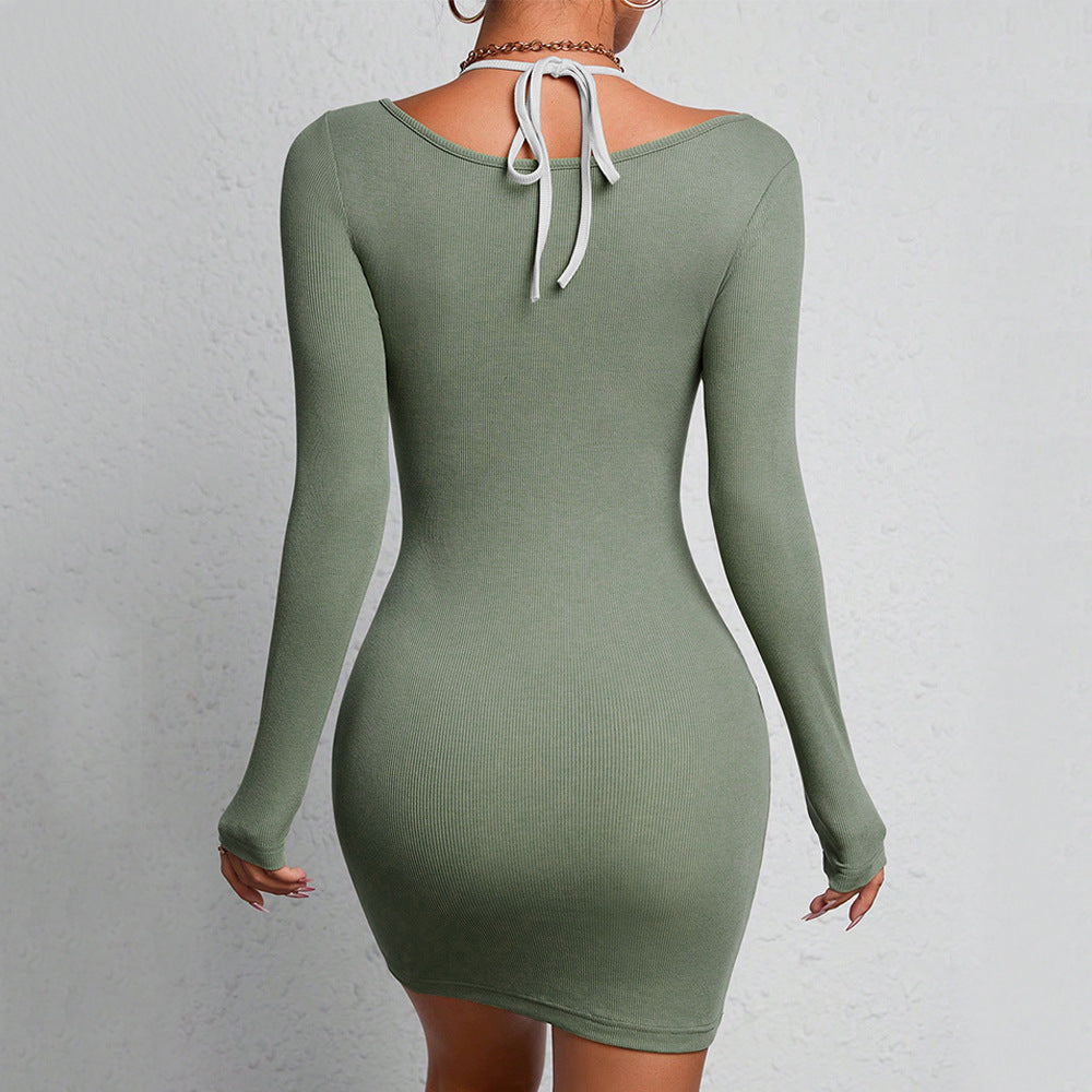 Damen figurbetontes Langarmkleid mit raffiniertem Ausschnitt und feinen Rippdetails Drune