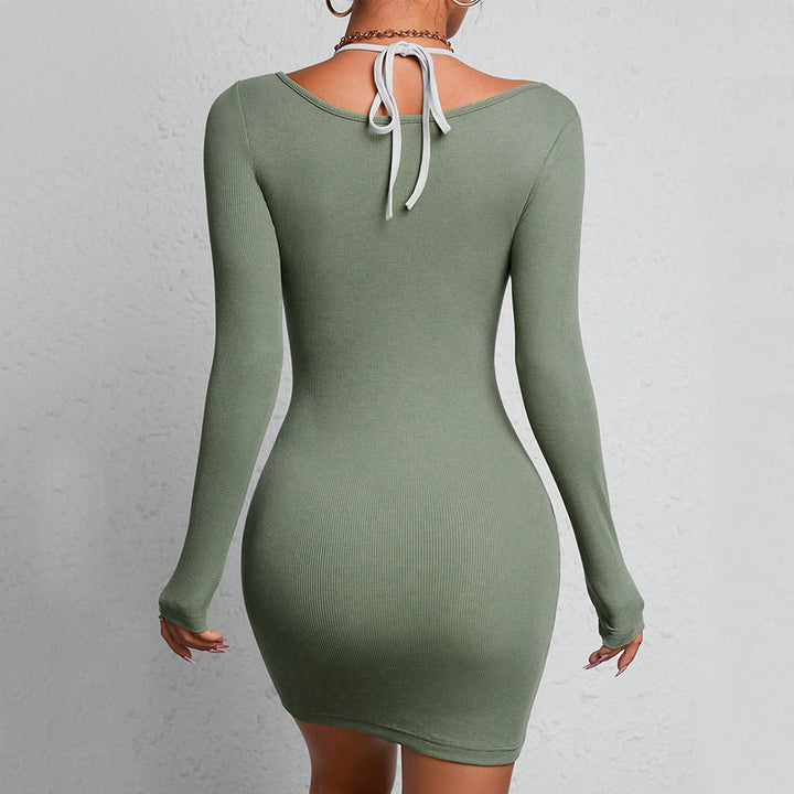 Damen figurbetontes Langarmkleid mit raffiniertem Ausschnitt und feinen Rippdetails Drune