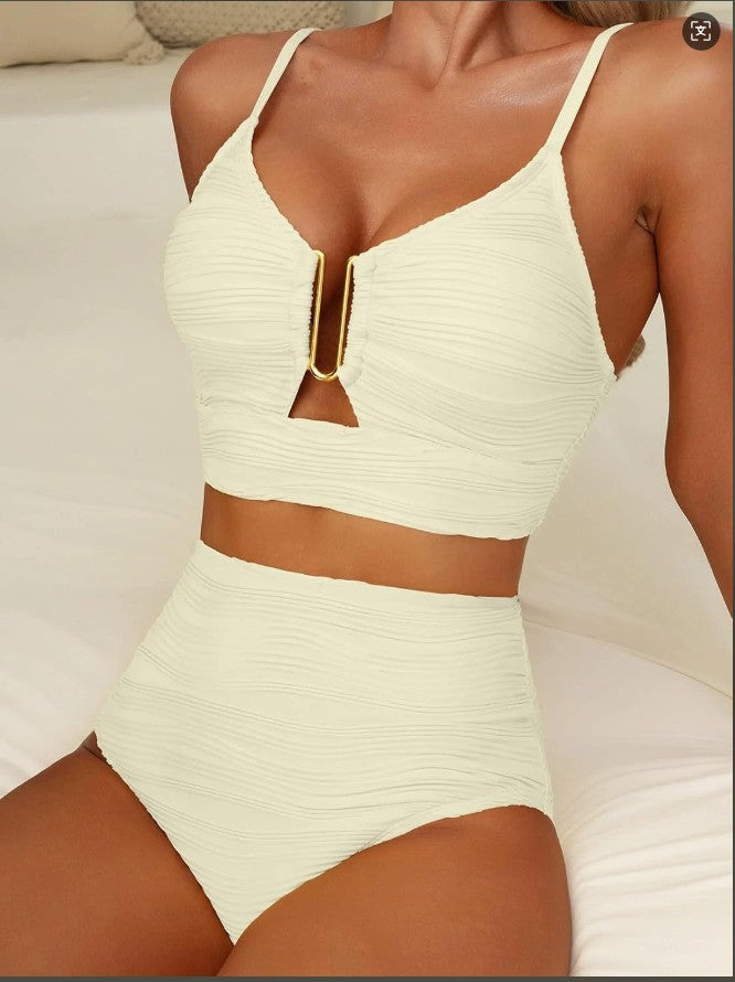 Damen Hoher Bund Bikini mit dekorativem Schlitz Drune