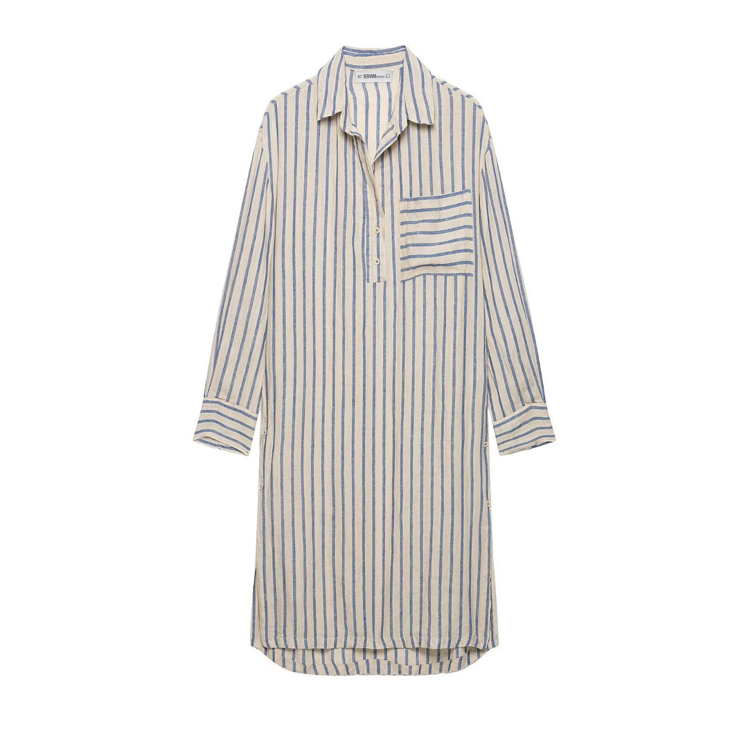 Damen Langes Hemdblusenkleid im Leinenlook mit Streifenmuster und Seitenschlitzen Drune