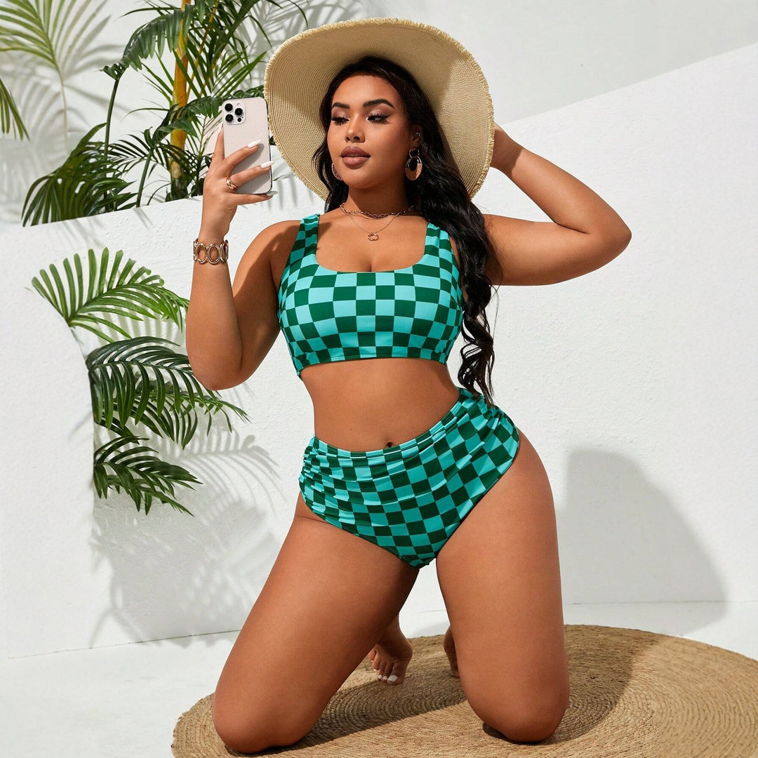 Damen Hochtailliertes Bikini-Set mit kariertem Design Drune