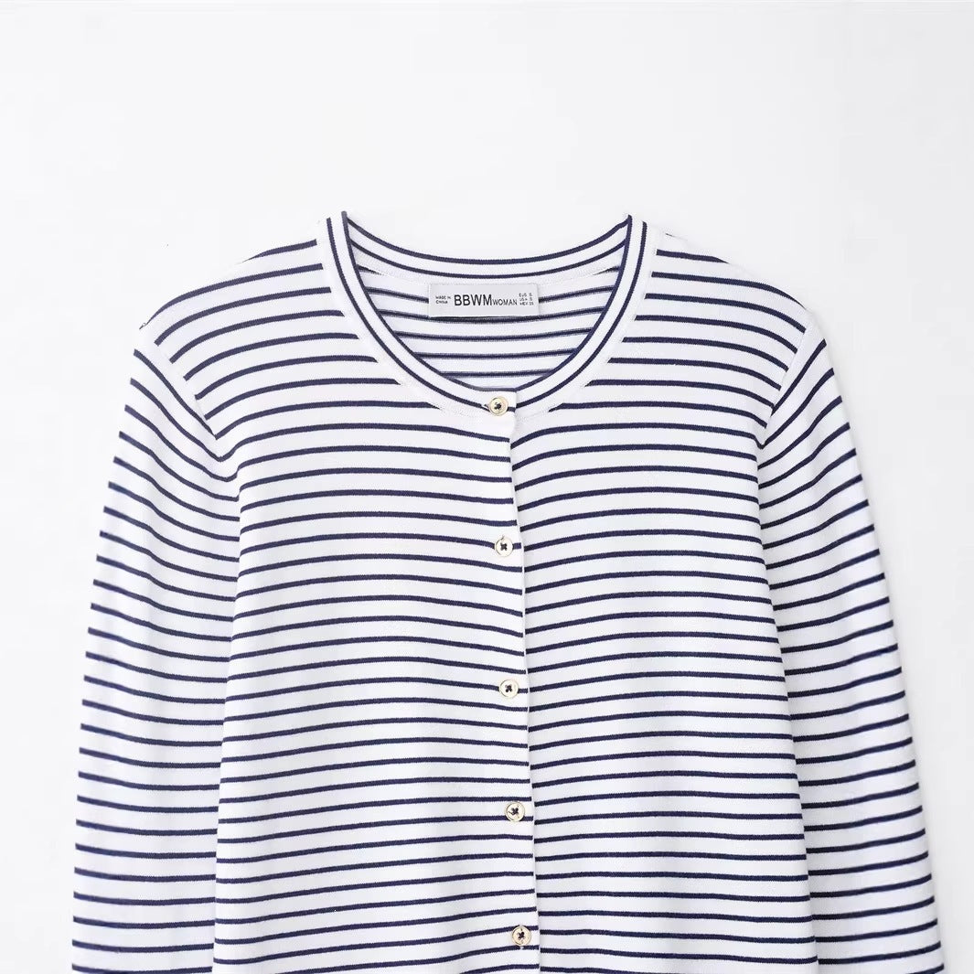 Damen Feinstrick-Cardigan mit maritimem Streifenmuster, Rundhalsausschnitt und Perlmuttknopfleiste Drune