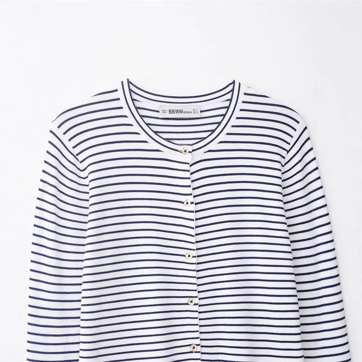 Damen Feinstrick-Cardigan mit maritimem Streifenmuster, Rundhalsausschnitt und Perlmuttknopfleiste Drune