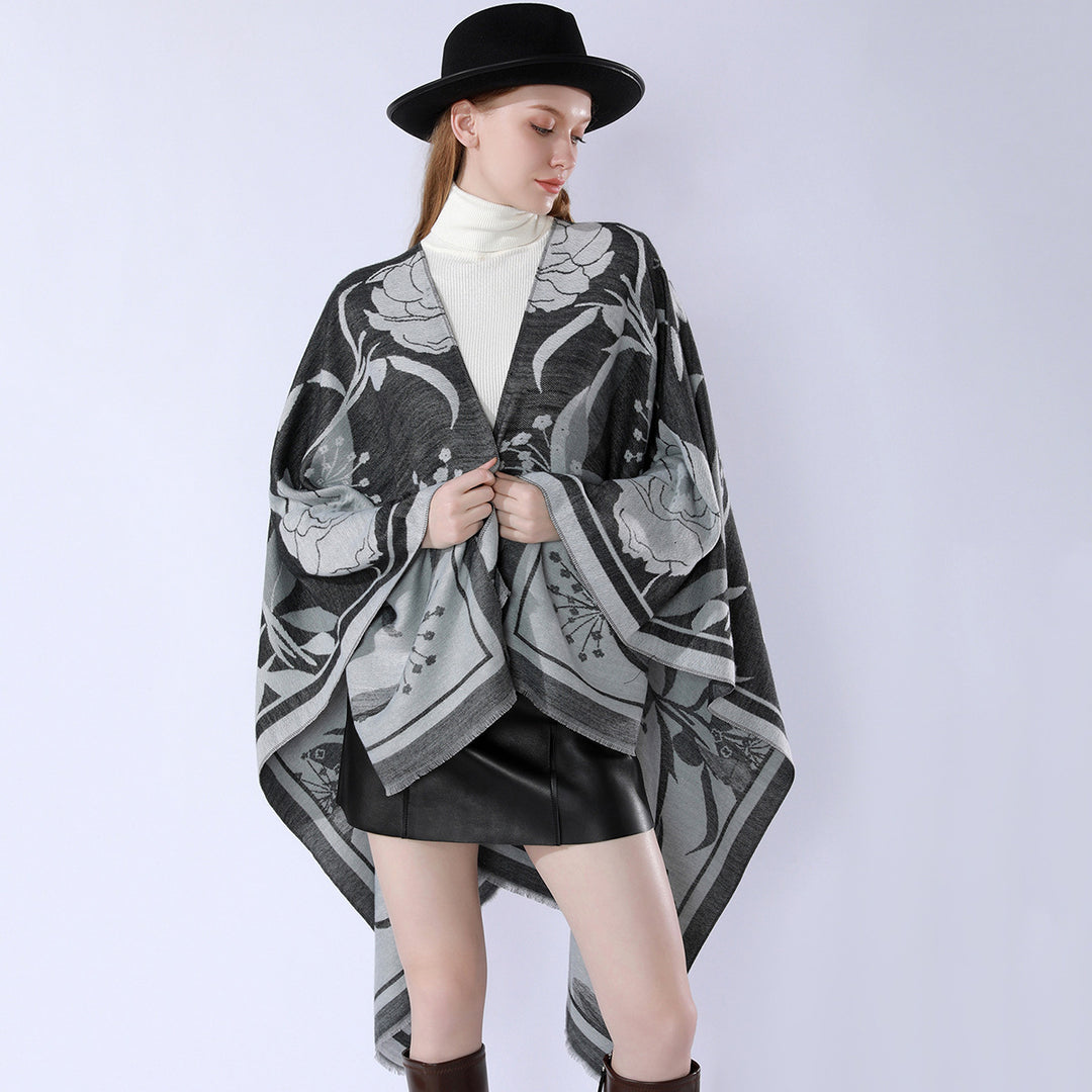 Damen Floraler Jacquard-Überwurf im kastigen Kimono-Fall mit feiner Fransenkante Drune