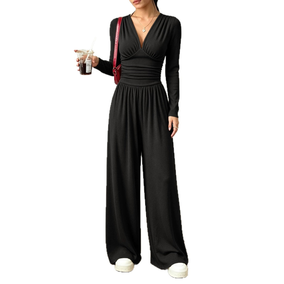 Damen Eleganter V‑Ausschnitt Jumpsuit mit tailliertem Wickelbund und weitem Hosenbein Drune