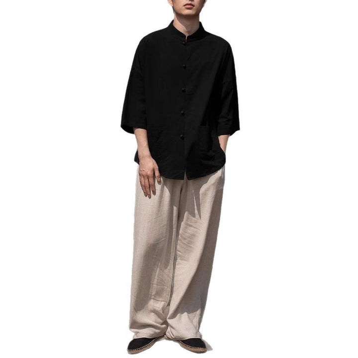 Herren Oversize Hemd im Kimono-Stil aus Leinen-Baumwollmix mit Stehkragen Drune