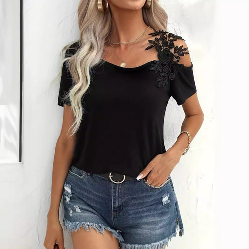 Damen nan schulterfreies Jerseyshirt mit floraler Spitzenapplikation und lockerer Passform Drune