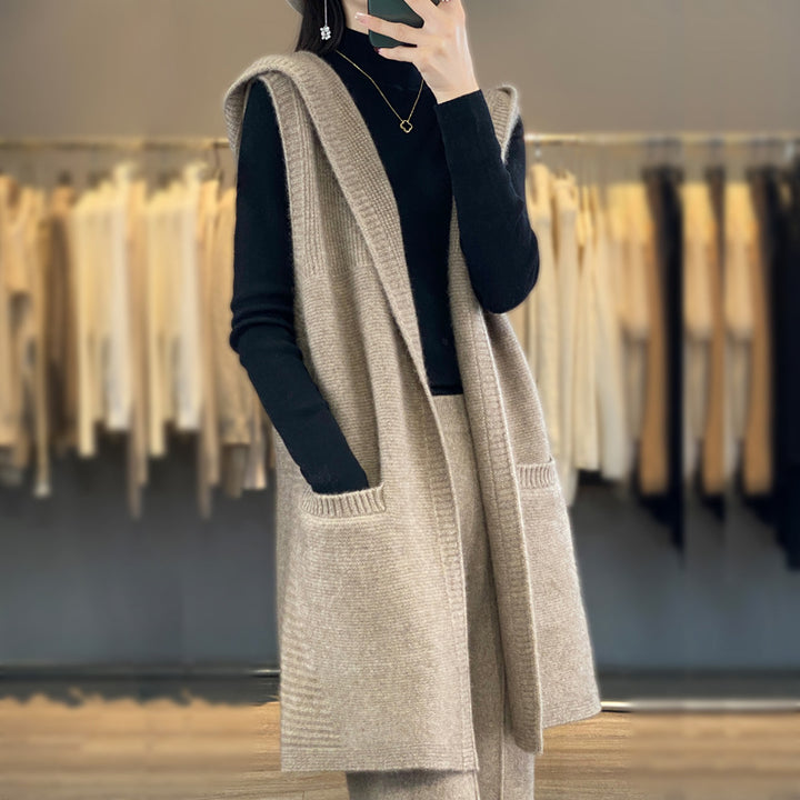 Damen Strickweste mit Kapuze und Taschen Drune