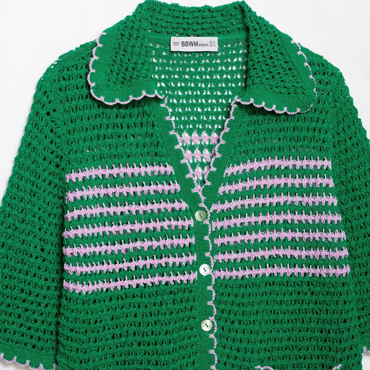Damen Häkelstrickjacke mit kurzem Arm, Knopfleiste und Vintage-Kragen Drune