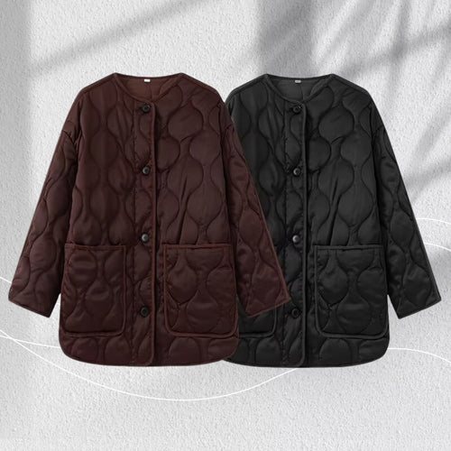 Damen Longline-Steppjacke mit Rundhals, Knopfleiste und aufgesetzten Taschen Drune