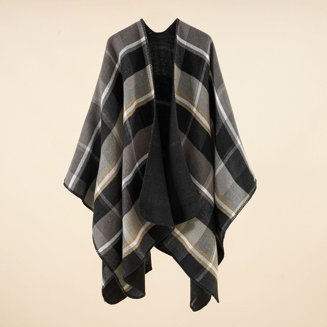 Damen Oversize-Rechteckponcho im Cape-Look mit Kettelsaum und Karomuster Drune