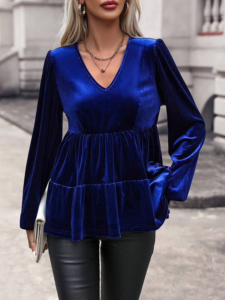 Damen samtiges Volant‑Peplum‑Top mit V‑Ausschnitt, geraffter Taille und langen Ballonärmeln Drune