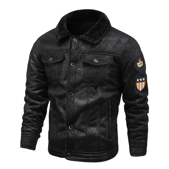 Herren Fliegerjacke aus Kunstleder mit Teddyfell-Futter und Aufnäher Drune
