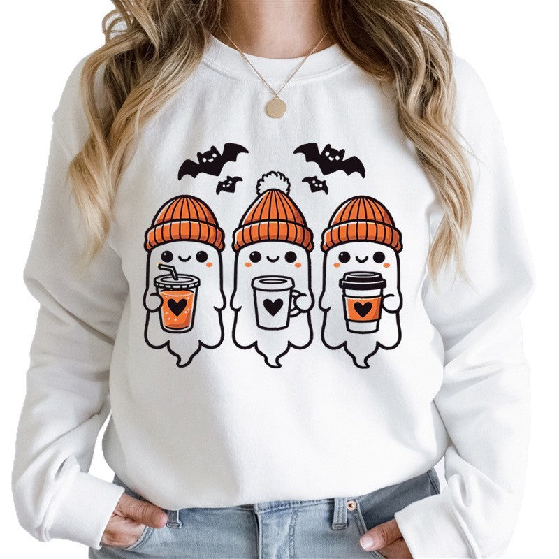 Damen nan gemütlicher Halloween Grafikpullover mit niedlichen Geist-Motiven, Rundhalsausschnitt und weichem Baumwollmix Drune