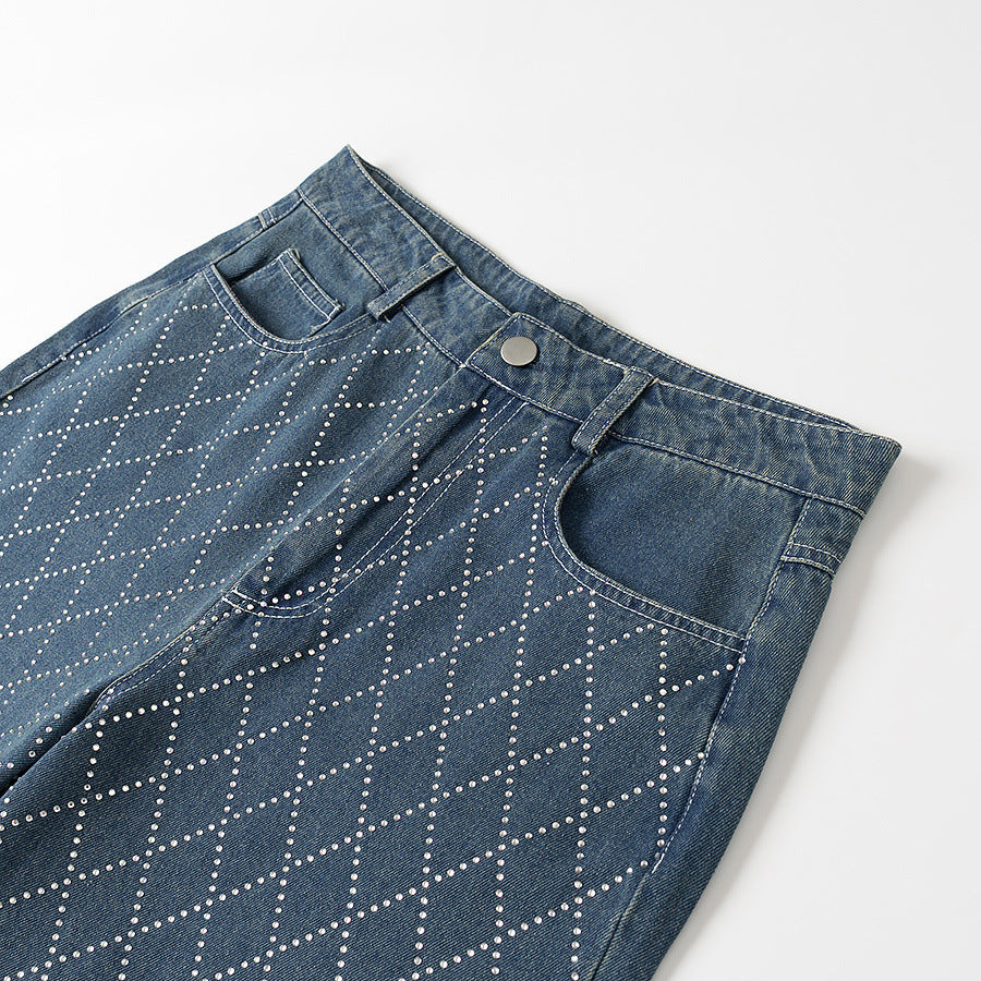 Damen nan gerade Jeans mit Rautensteppung, hoher Taille und geradem Bein Drune