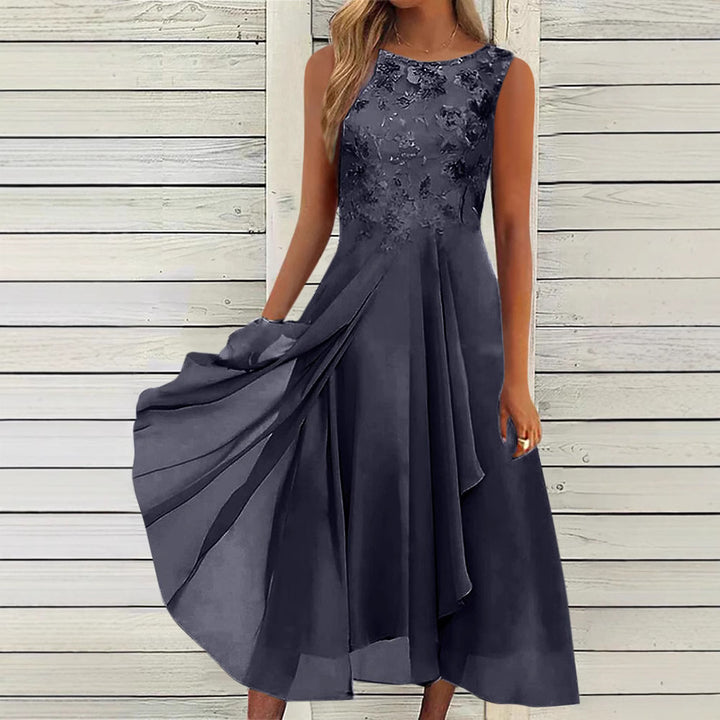 Damen nan ärmelloses Chiffon-Midikleid mit bestickter Brustpartie und asymmetrischem Lagenrock Drune