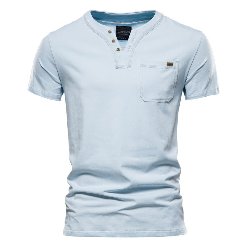 Herren V-Ausschnitt T-Shirt mit Druckknöpfen und Brusttasche Drune