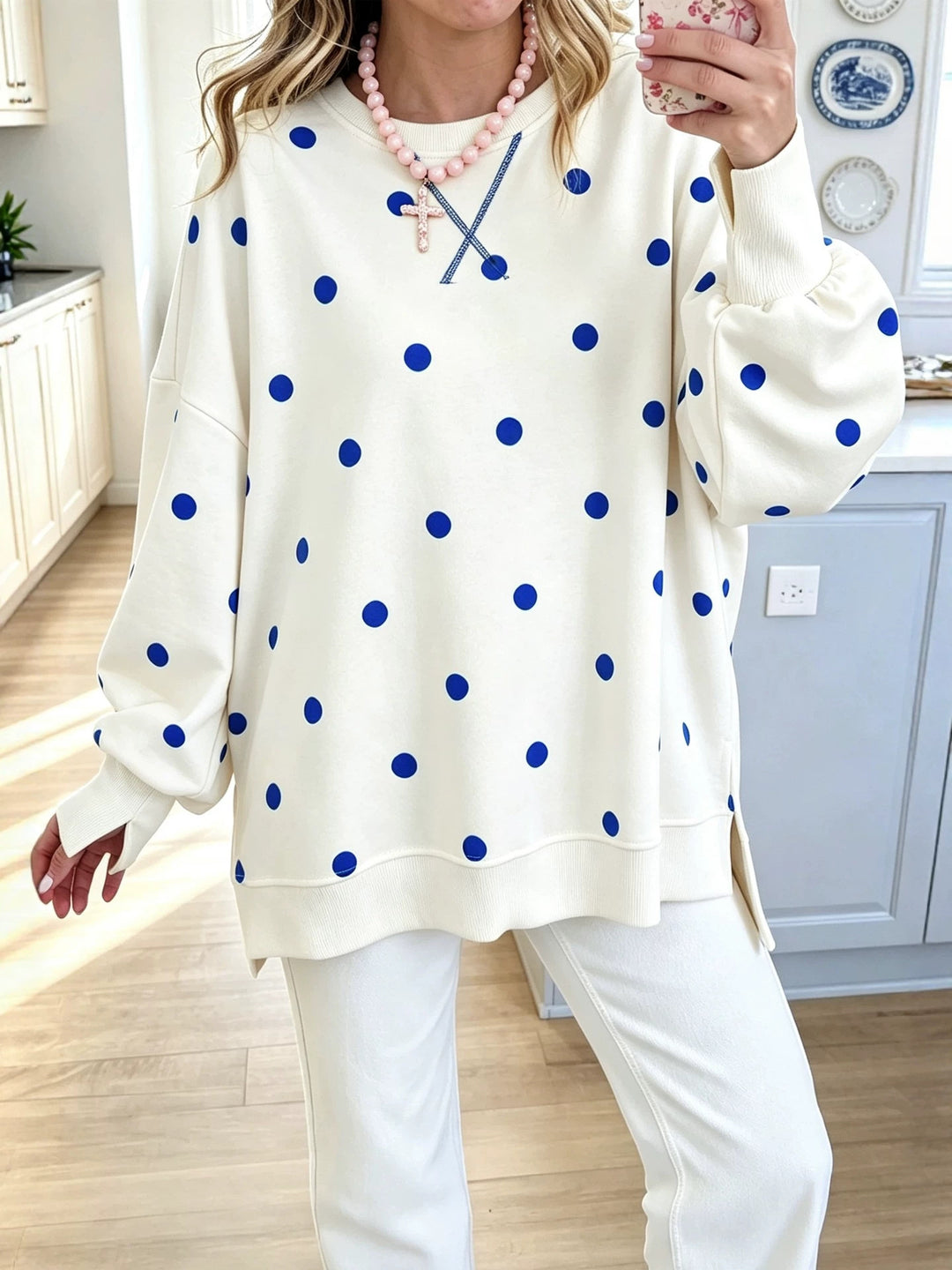 Damen Oversize-Sweatshirt mit Polka-Dot-Print und Ballonärmeln Drune