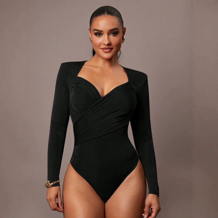 Damen Sculpting-Body mit Wickelfront, Herz-Ausschnitt und langen Ärmeln Drune