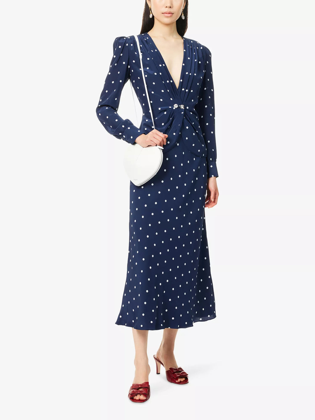Damen Midikleid mit Punkteprint, tiefem V‑Ausschnitt, Wickelraffung und langen Ärmeln Drune