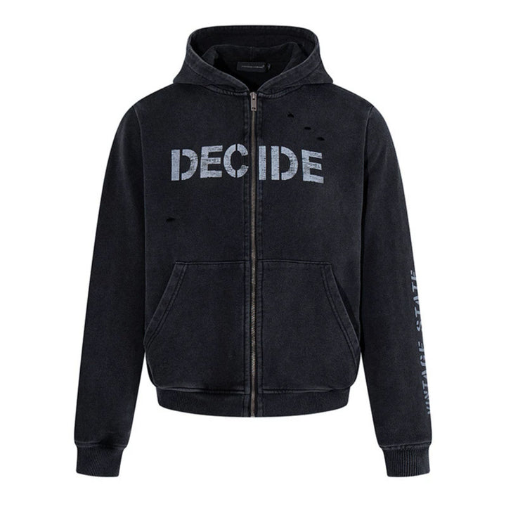 Herren Kapuzen-Zipjacke im Vintage-Look mit Statement-Print und Destroy-Details Drune
