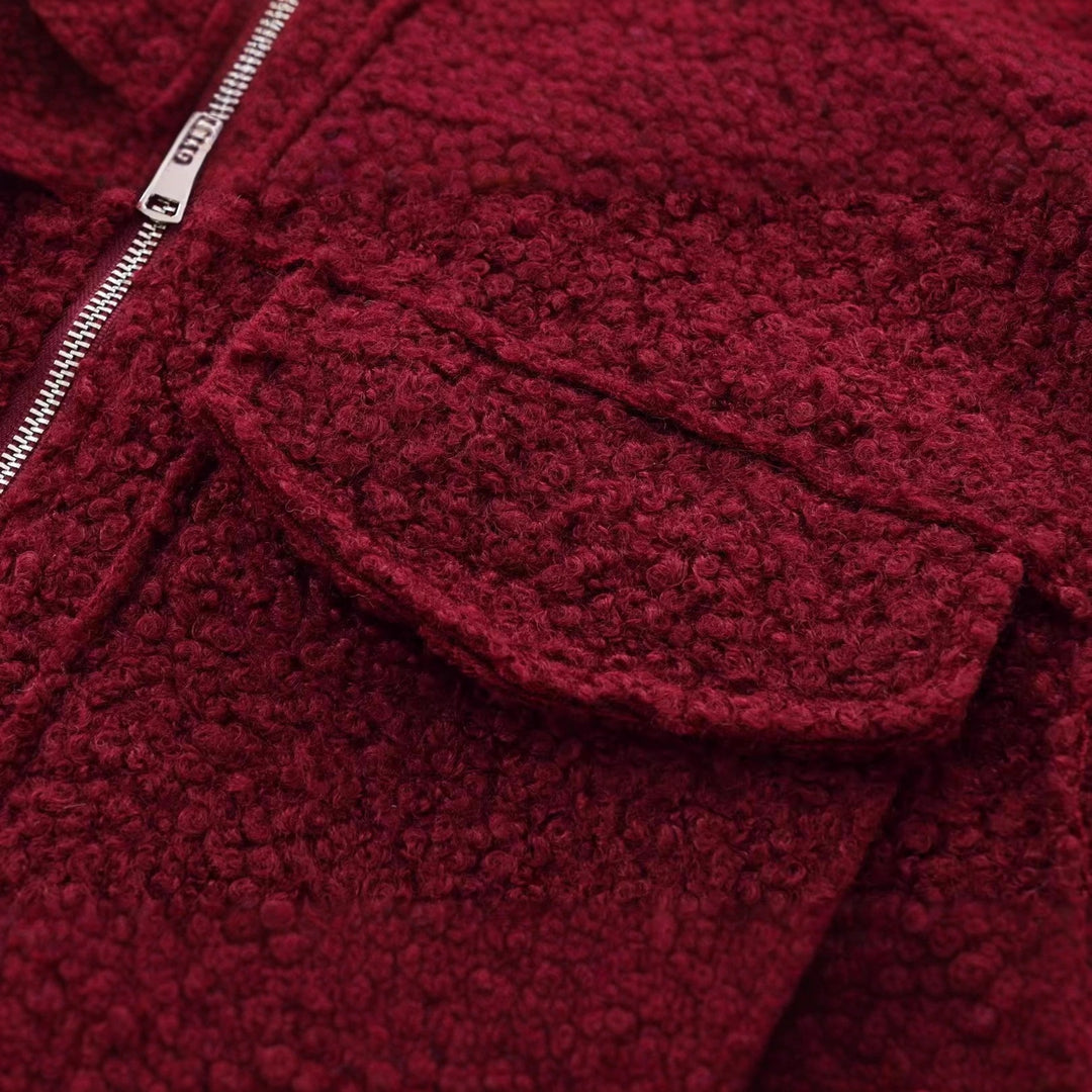Damen Kurzgeschnittene Sherpa-Jacke mit Reißverschluss und aufgesetzten Pattentaschen Drune