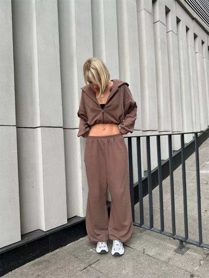 Damen nan kurz geschnittenes Zip-Hoodie und Highwaist Sweathose Lounge-Set mit Kapuze Drune
