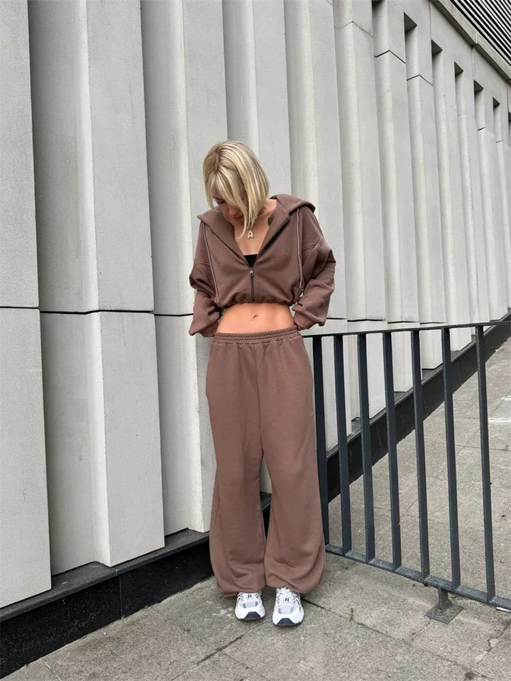 Damen nan kurz geschnittenes Zip-Hoodie und Highwaist Sweathose Lounge-Set mit Kapuze Drune