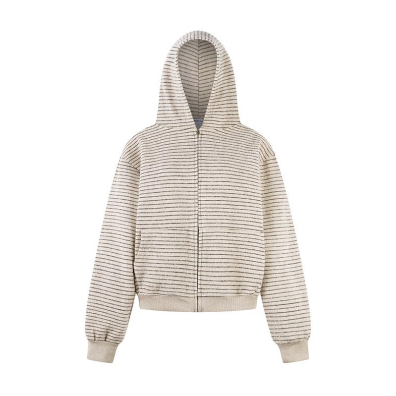 Damen Kurz geschnittene Kapuzen‑Zipjacke mit horizontalem Streifenrelief und elastischem Bund Drune