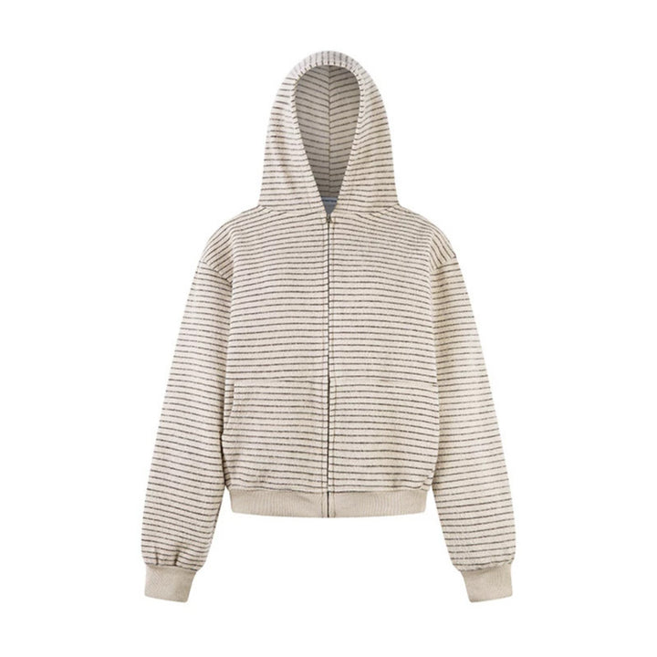 Damen Kurz geschnittene Kapuzen‑Zipjacke mit horizontalem Streifenrelief und elastischem Bund Drune