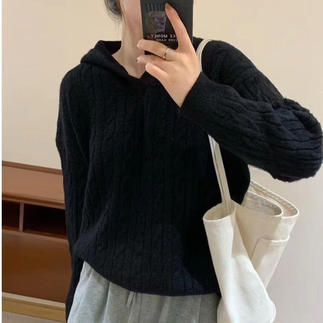 Damen Grobstrickpullover mit Kapuze und Zopfmuster Drune