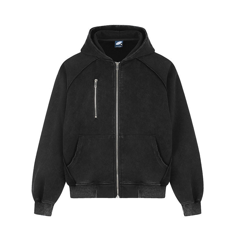 Damen Kapuzen-Zipjacke im Oversize-Suede-Look mit Raglanärmeln und Brust-Reißverschlusstasche Drune