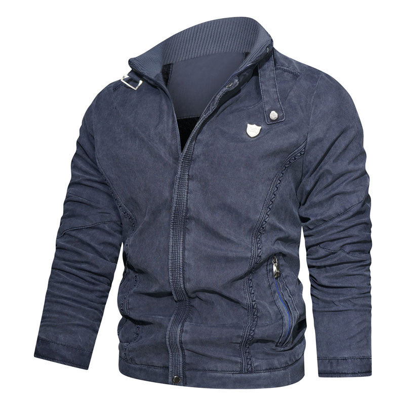 Herren lässige Canvas-Blousonjacke mit Stehkragen und Reißverschlusstaschen Drune
